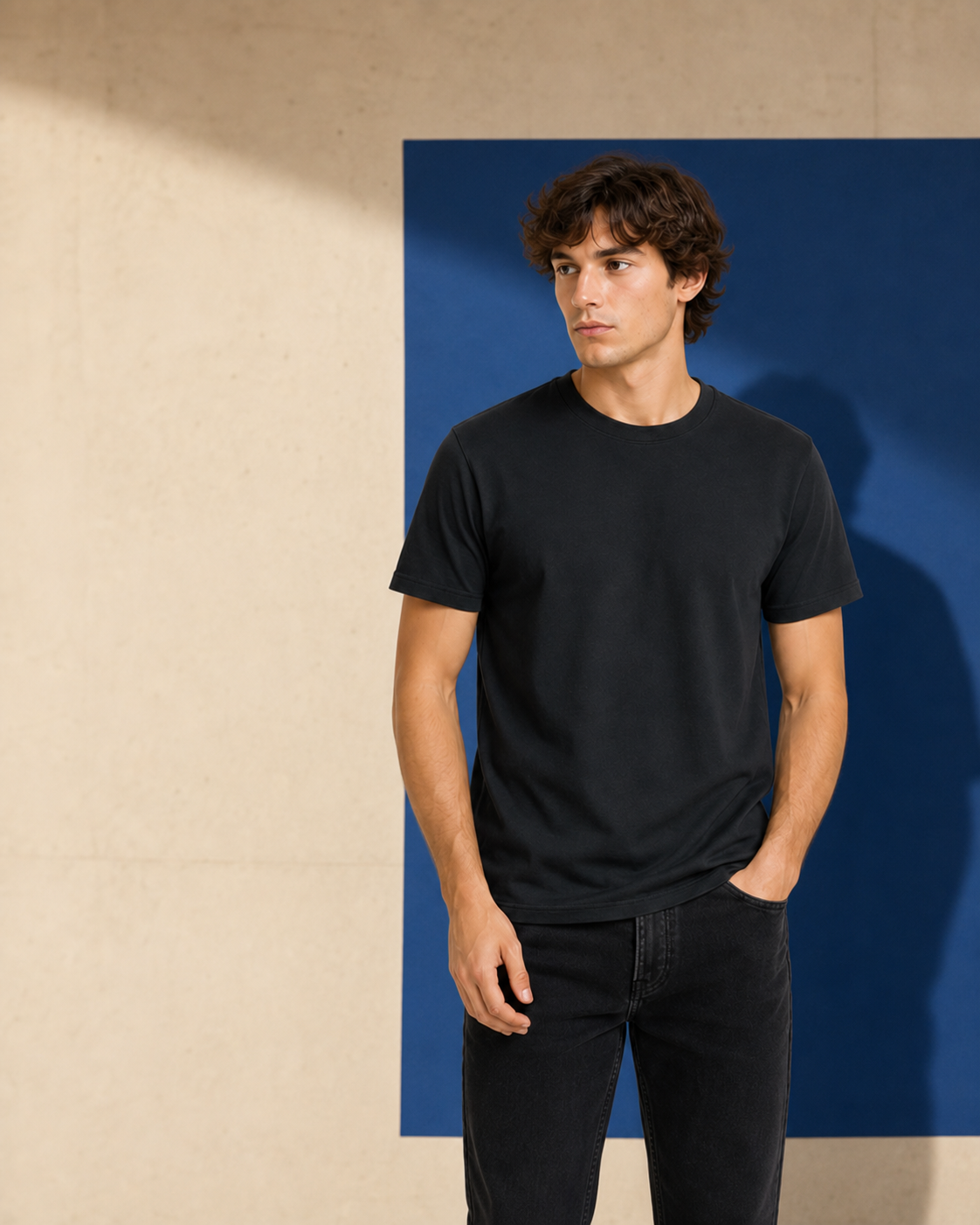 Model wearing a black T-shirt in a blue and limestone studio